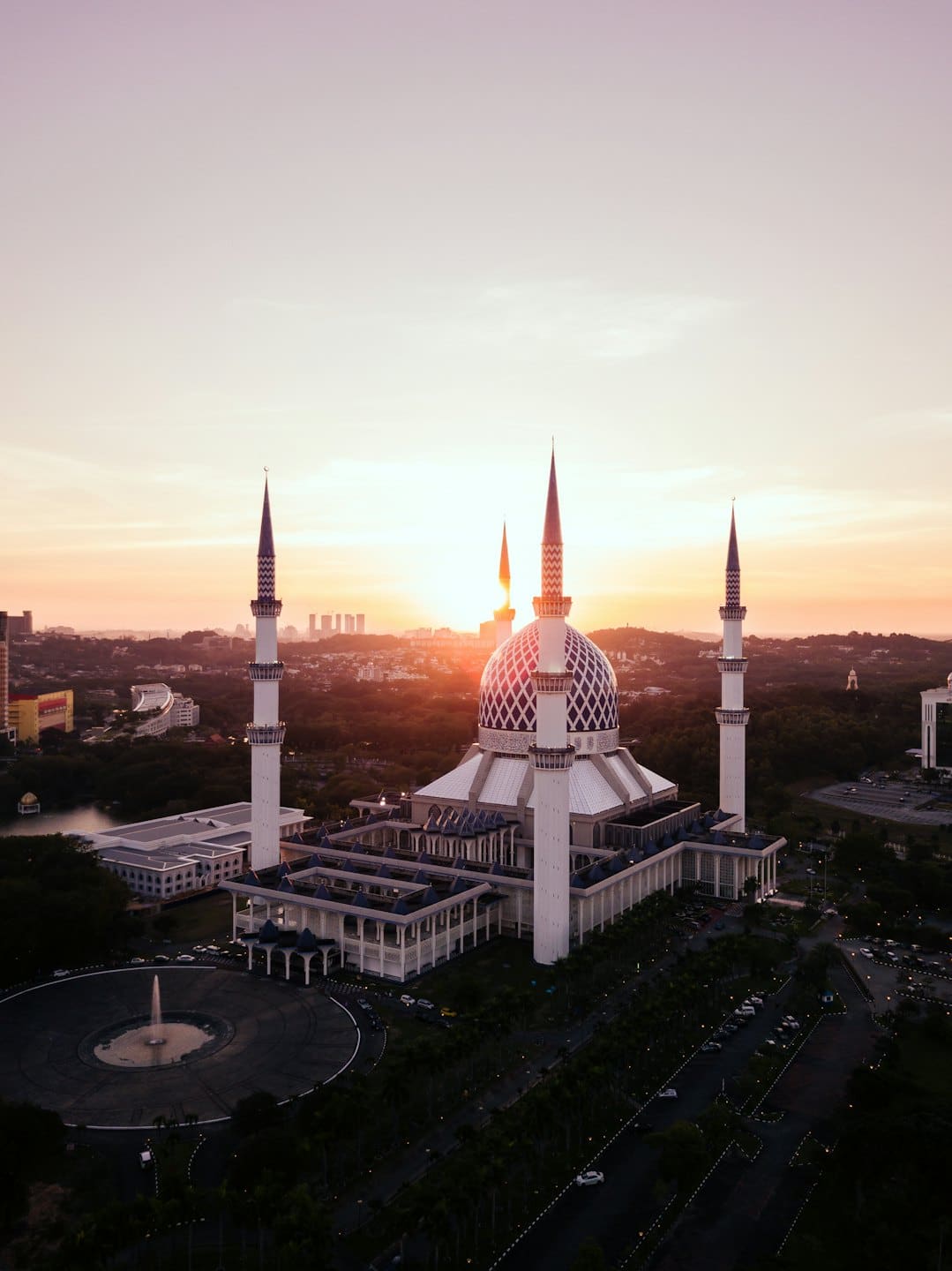 A large mosque with a patterned dome stands among trees.